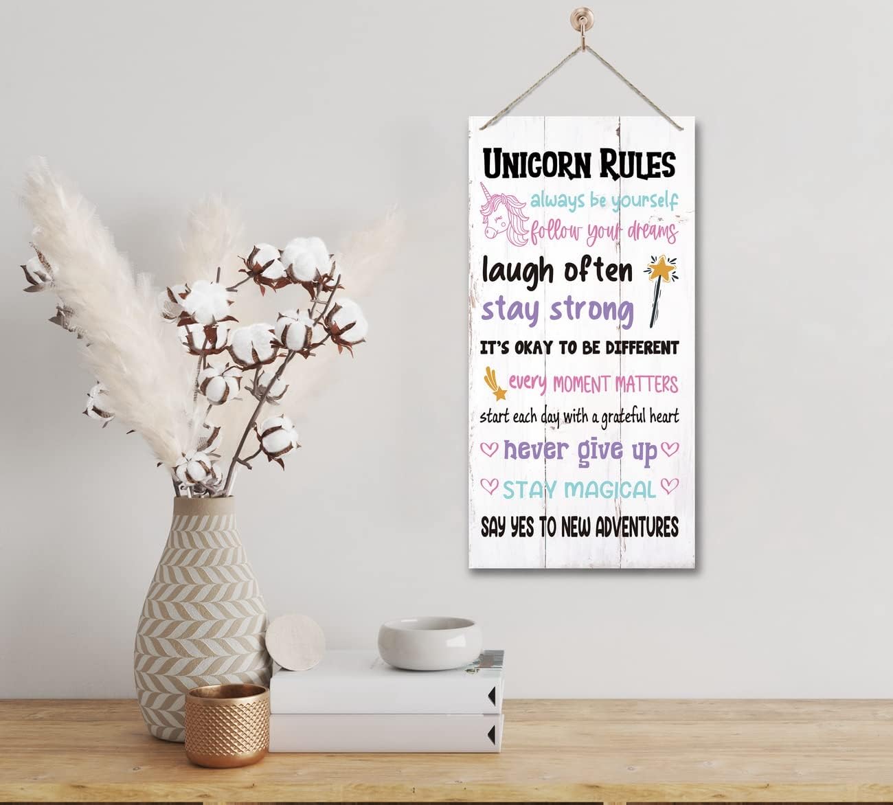 Gkwa Unicorn Rules Wooden Wall Decorative Sign, 12 x 6 x 0.12 Inch, Pink & White, Rustic Style, Hanging Mount for Home Decor - Image 4