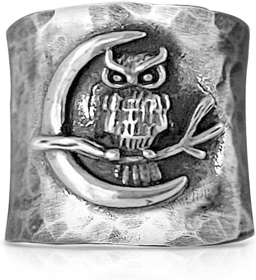 Crescent Moon Owl Octopus Wide Band Chunky Ring for Women,Retro Vintage S925 Sterling Silver Sugar Punk Ring,Thumb Index Finger Biker Gothic Ring