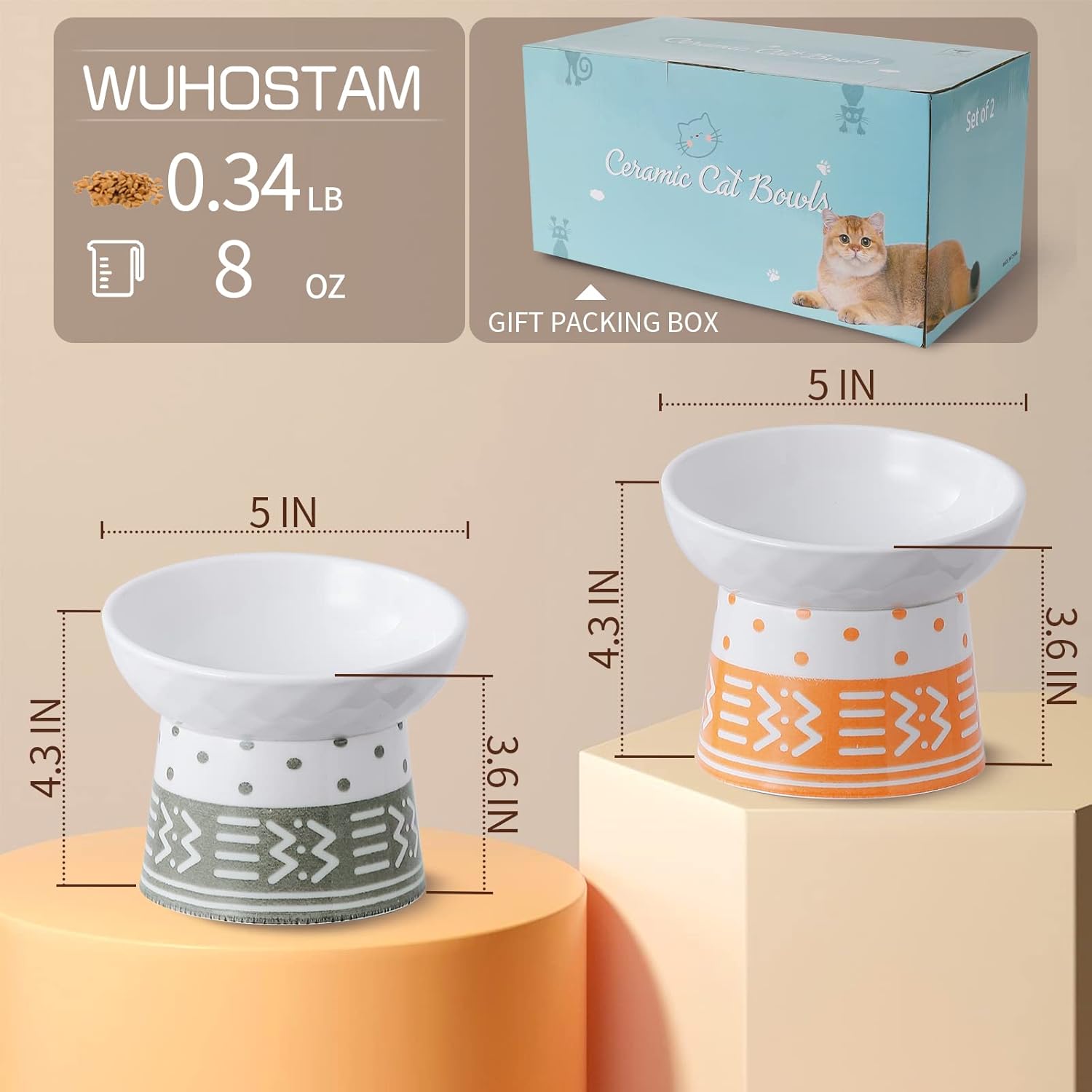 WUHOSTAM Tilted Ceramic Raised Cat Bowls, 8 Ounce Elevated Slanted Food Bowls Set, 5 Inch Porcelain Pet Feeder Dish, Reduce Vomiting, Protect Pet's Spine, Backflow Prevention, Set of 2(Grey&Orange)