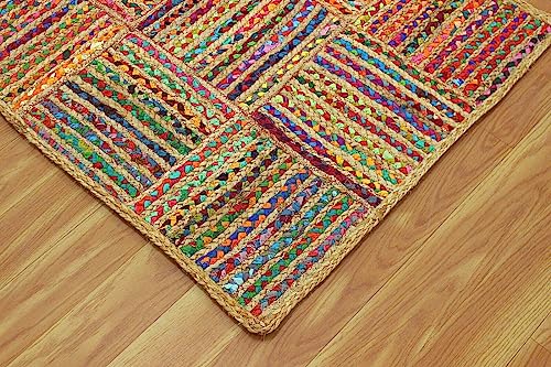 Image of Handmade Natural Jute Cotton Natural Fibers Floor /Door Mat Rugs Furnish Decor Striped Rectangular Design Carpet for Bedroom Living Room (JUTE0013, 2x3-Runner)