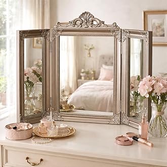 HomeZone Large Free Standing Antique Silver Vanity Mirror Cosmetic Makeup Trifold Triple Tabletop Mirror for Bedrooms Bathroom Vaintage Ornate Glass 55x73cm
