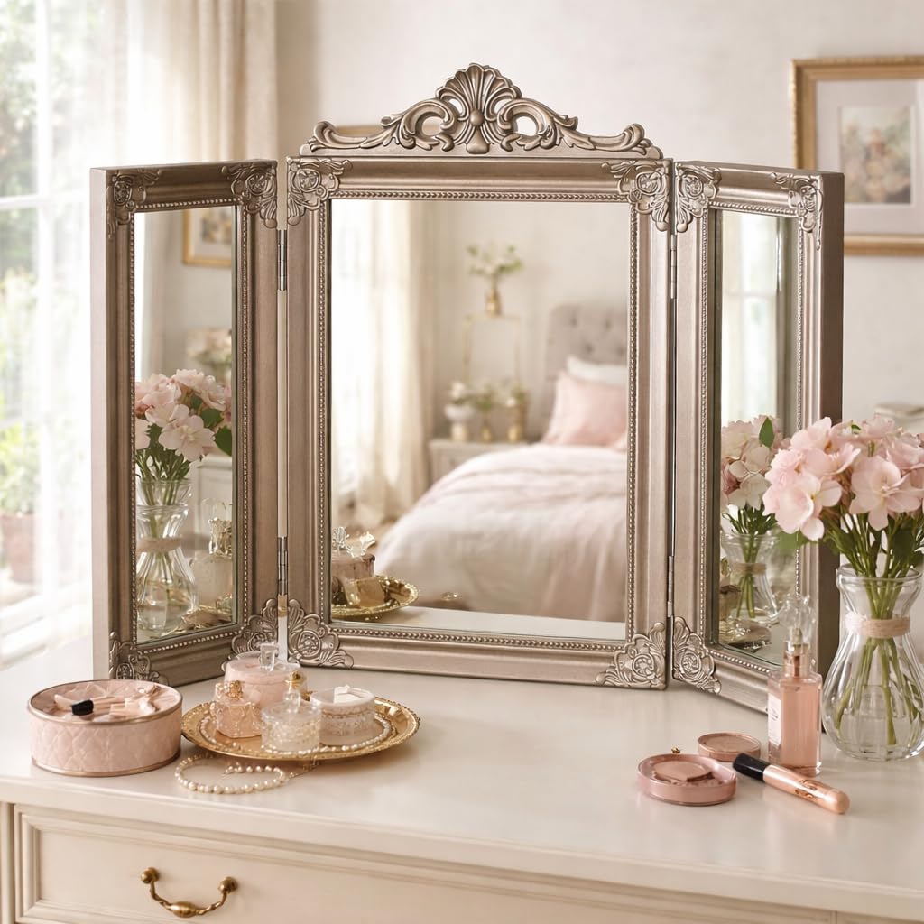 HomeZone Large Free Standing Antique Silver Vanity Mirror Cosmetic Makeup Trifold Triple Tabletop Mirror for Bedrooms Bathroom Vaintage Ornate Glass 55x73cm
