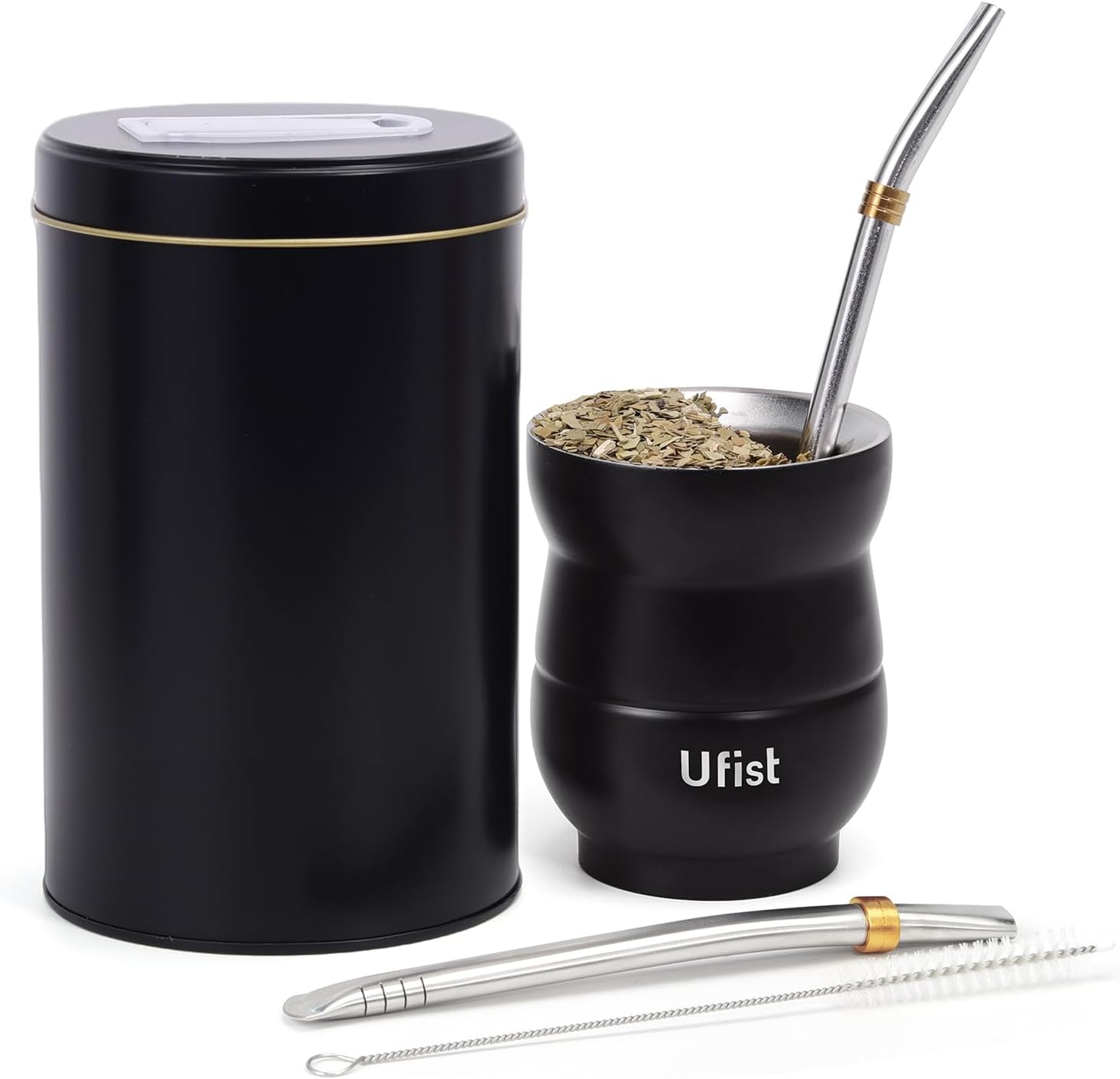 Uruguayan Style Yerba Mate Cup Set, Include 4.8oz Modern Stainless Steel Mate Gourd, 37oz Yerbero, 2pcs Bombilla Straws, Cleaning Brush (Black)