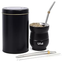Uruguayan Style Yerba Mate Cup Set, Include 4.8oz Modern Stainless Steel Mate Gourd, 37oz Yerbero, 2pcs Bombilla Straws, Cleaning Brush Black