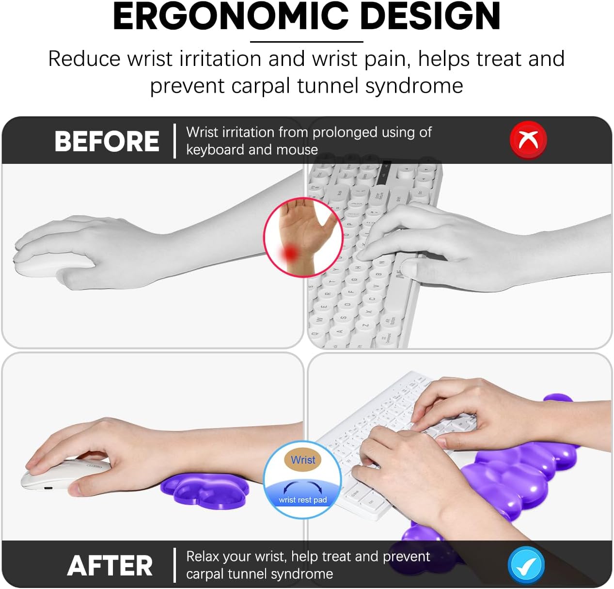 JIKIOU Clear Gel Wrist Rest for Keyboard and Mouse, Cool Silicone Mouse Wrist Rest Set, Cute Ergonomic Wrist Rest for Keyboard Typing Pain Relief, Suitable for Office Computer Laptop Gaming Purple