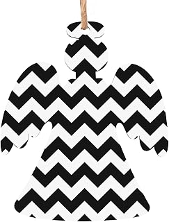 Classic Black White Chevron Zigzag Pattern Wooden Christmas Crafts,Wood Ornaments with Designs,Double-Sided Printing with Natural Jute Hanging Strings Angel Shape 1