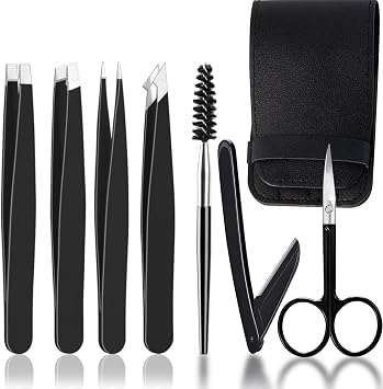 WUBAYI 7PCS Eyebrow Tweezers Set for Facial Hair Women, Stainless Steel Eyebrow Tweezers Kit for Women and Men, Tweezer Set for Splinter, Facial Hair Removal, Ingrown Hairs