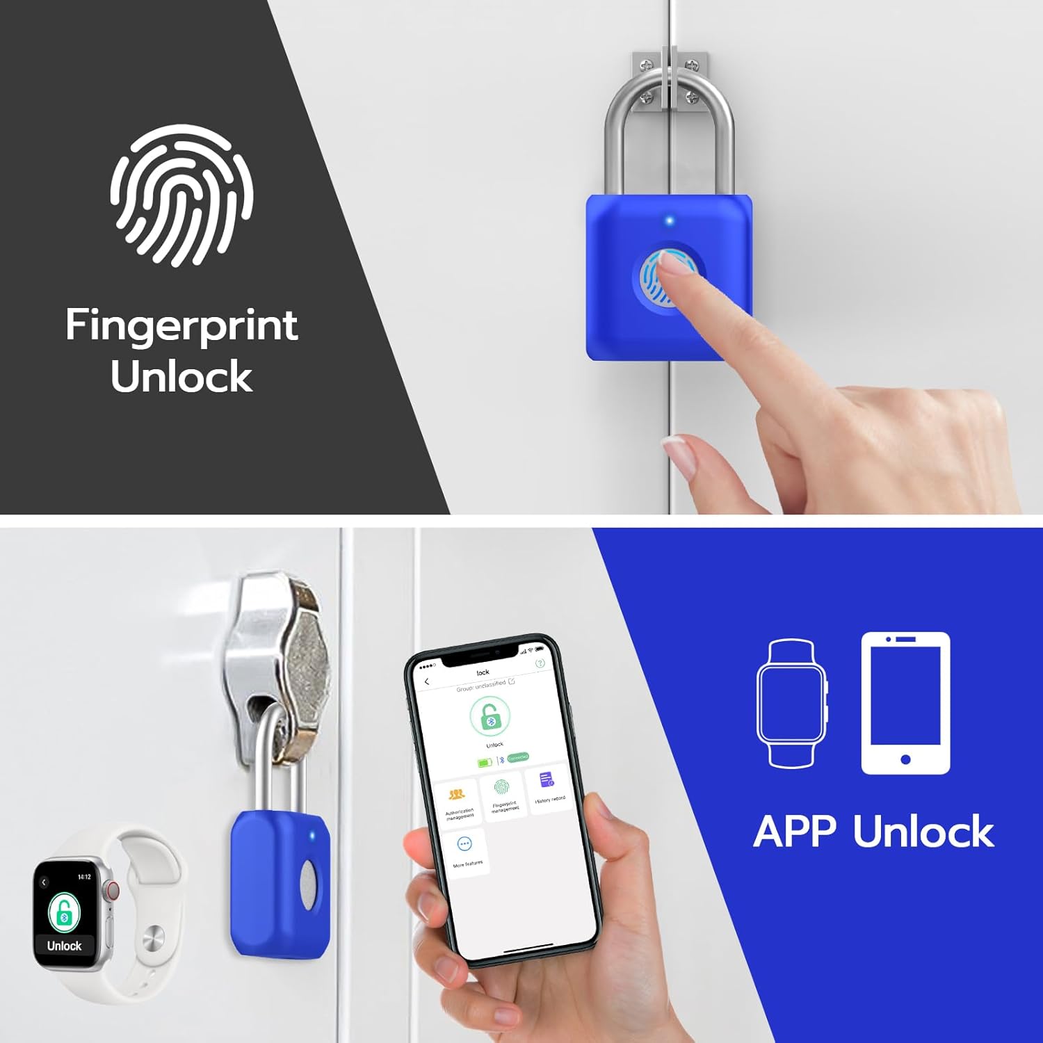 Fingerprint Padlock eLinkSmart Gym Locker Lock for Boys with Phone App iOS Watch Metal Keyless Combination Locks for School Sports Locker Toolbox Hasp Storage Sapphire Blue