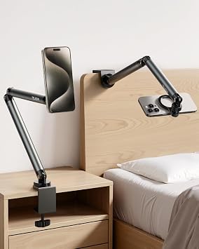 TELESIN Magnetic Phone Holder for Desk and Bed - Strong Magnetic - Tablet Stand Holder with Long Arm - 360 Freely Adjustable Rotation Base - Upgraded Silicone Clamp for iPhone, Android & IPad Series