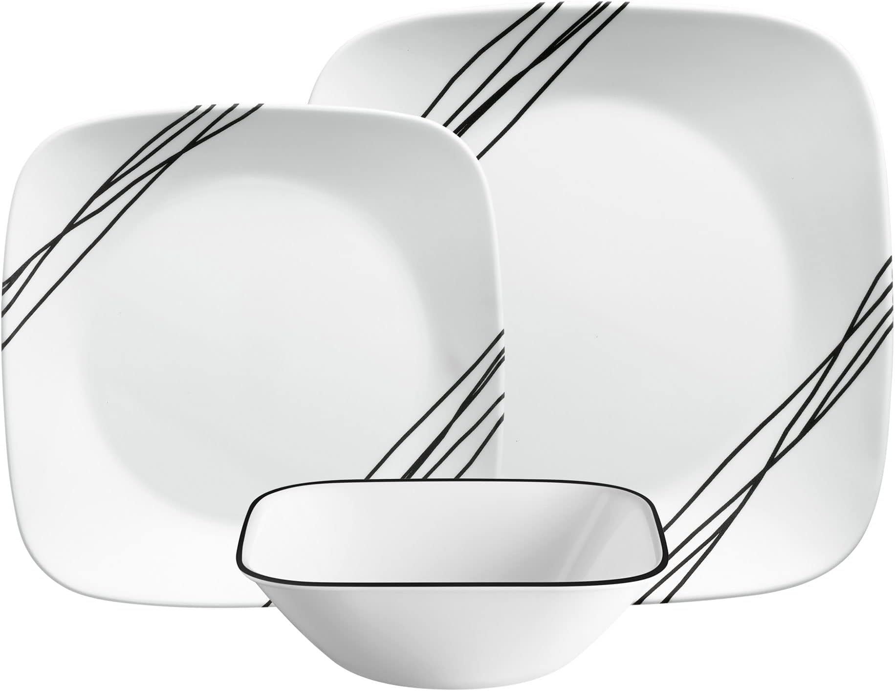 Corelle Dinnerware Set (12pc, Simple Sketch)-Dinner for 4 Includes x: Dinner Plates, Side & Bowls 3 X More Durable, Half The Space Weight of Ceramic up to 80% Recycled Glass, 1146920
