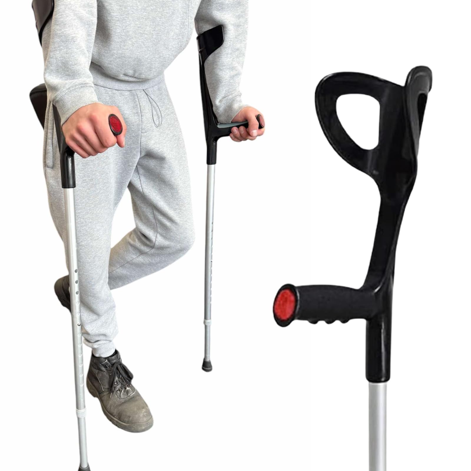 Muletas para adultos, par de altura ajustable para mujeres y hombres, puño abierto, cómodo mango de goma, ayuda de movilidad ideal para recuperación y apoyo