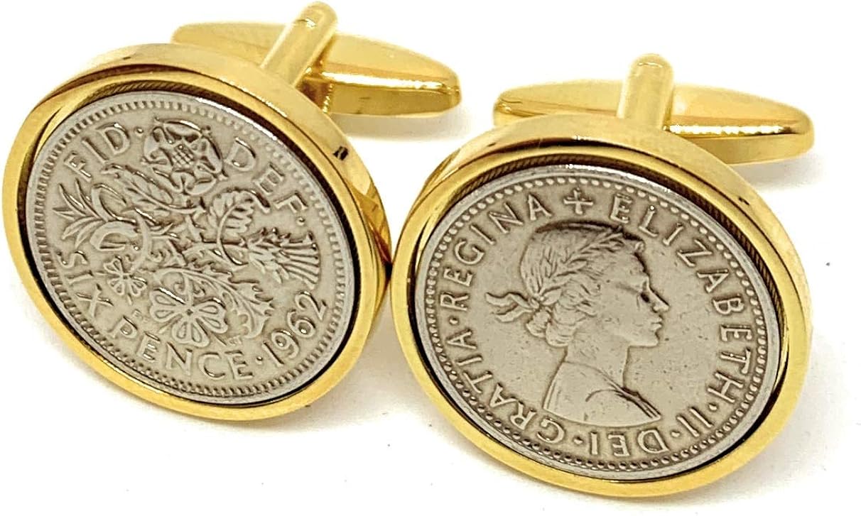 Premium 1962 Original Lucky Sixpence 6d birthday/Anniversary Cufflinks ideal for a 64th birthday HT GLD, Silver, Small - Image 3