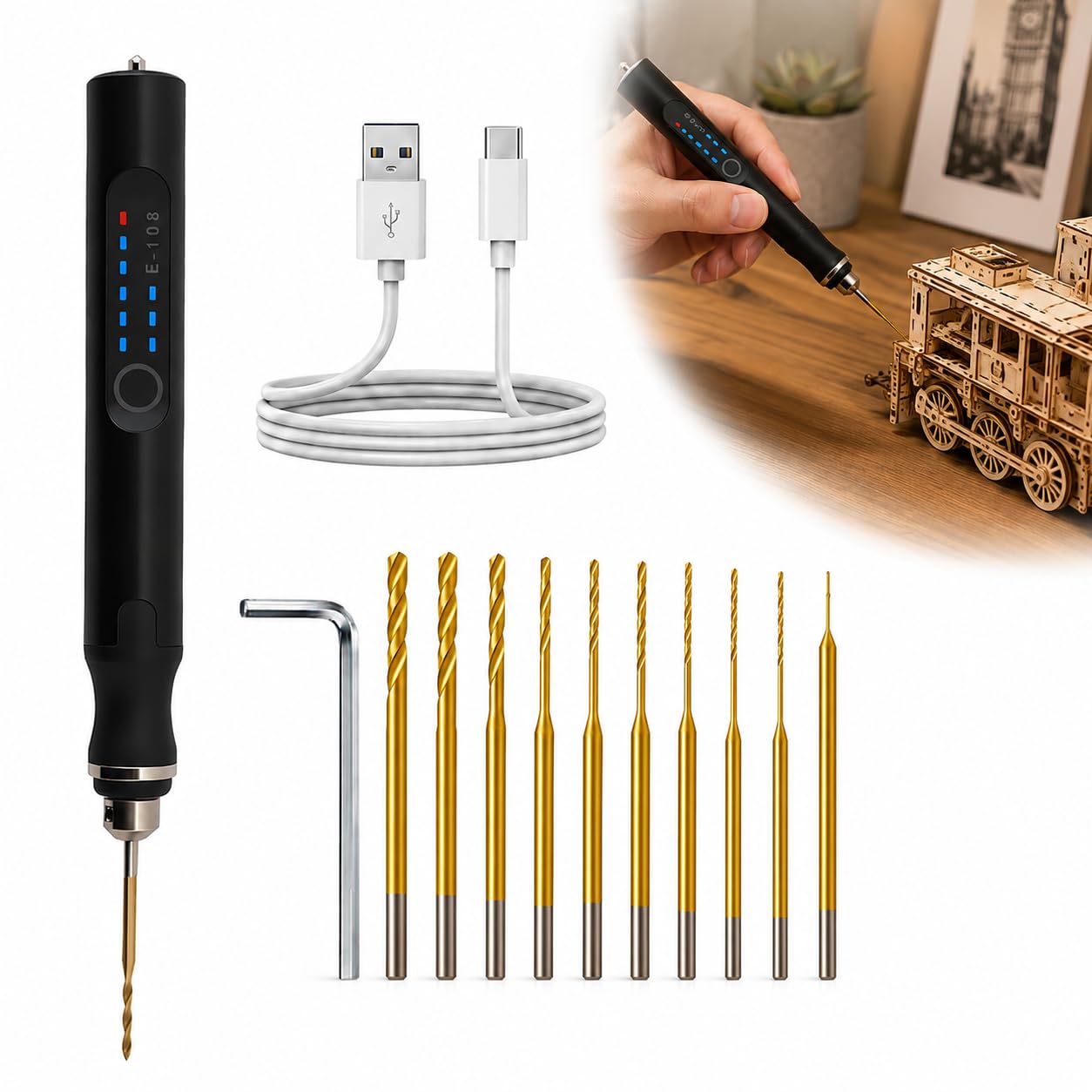 3-Speed Mini Electric Drill Pen Rechargeable with 10 Bits Black