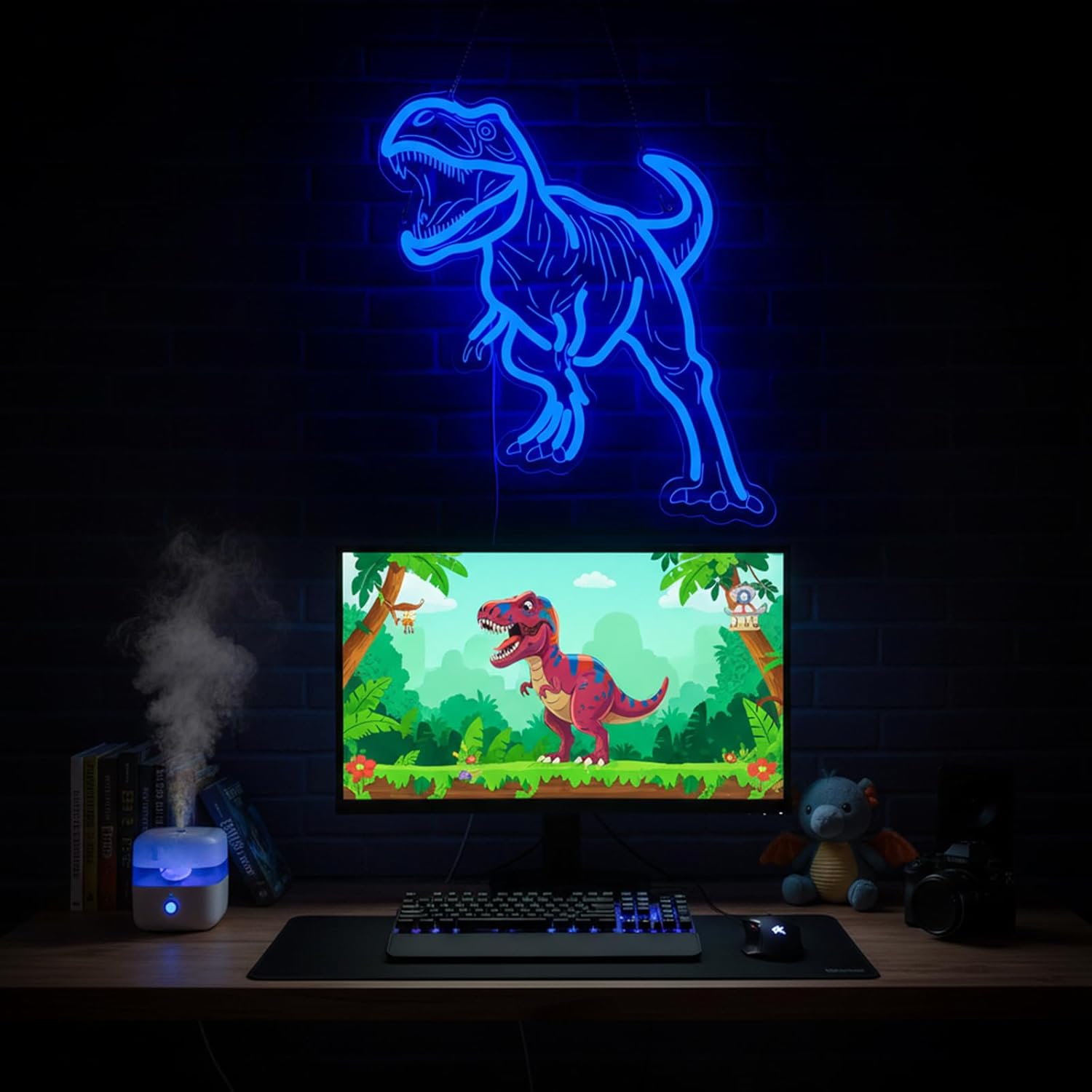 Dinosaur Neon Sign for Wall Decor, USB Dimmable Blue LED Night Light for Boys Bedroom, Jurassic Party Decorations, Birthday, Halloween and Christmas Gift, 15.5 x 13 inch