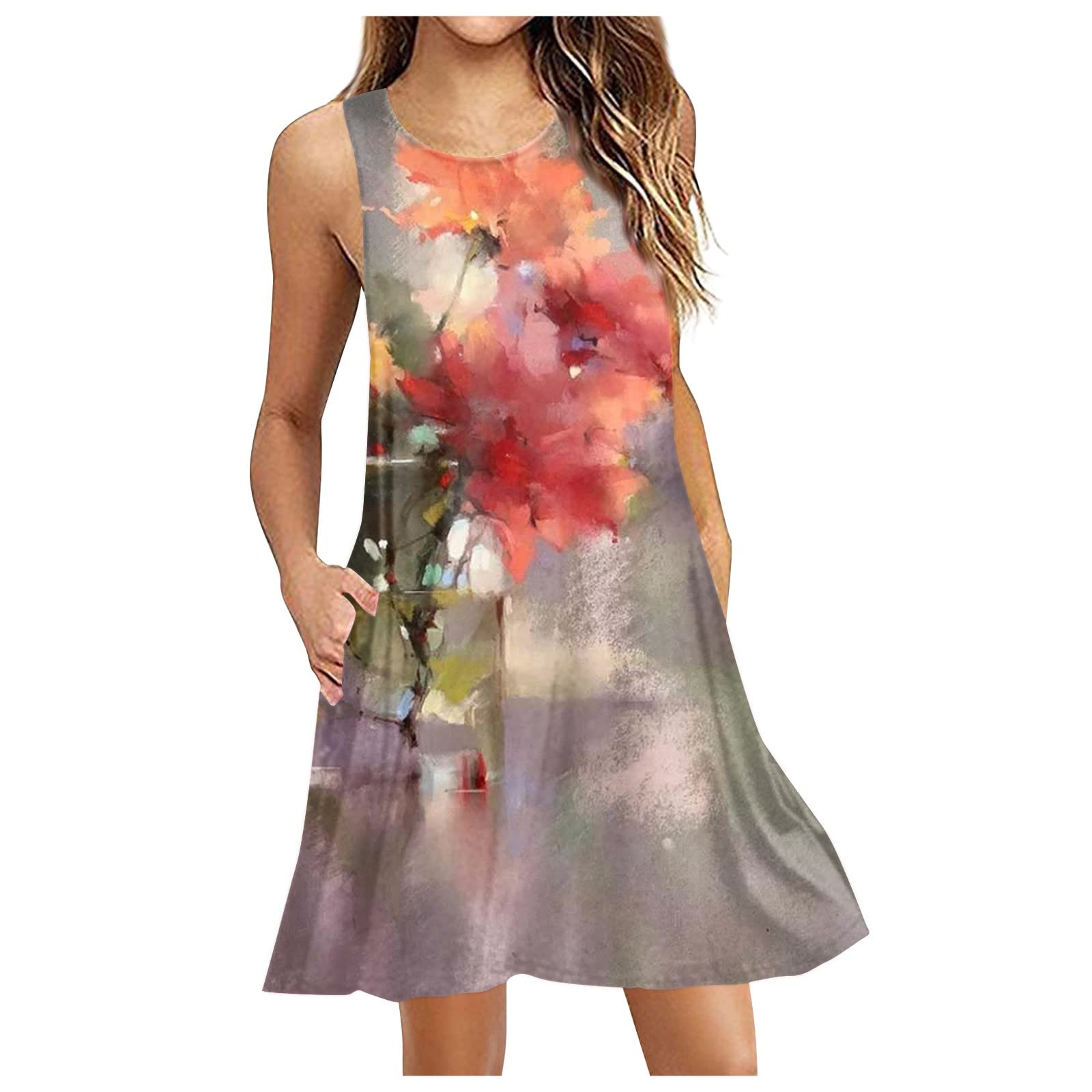 Dresses for Women 2023 Casual Midi Sleeveless High Waist Dresses Summer Travel Boho Crew Neck Colorful Cool Dresses