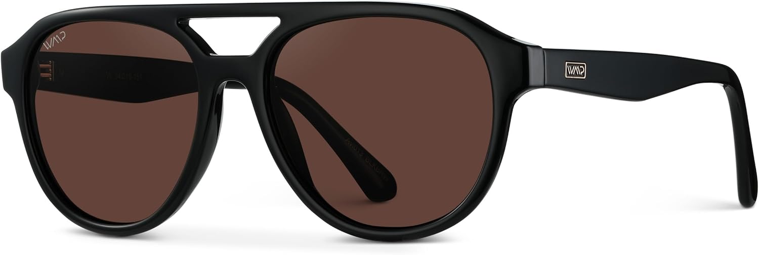 WearMe Pro Rounded Retro Aviator Sunglasses for Men and Women - Polarized Lenses, Double Bridge Design Glossy Black Frame / Brown Lens image 3 of 8 B0CSNYGXXK