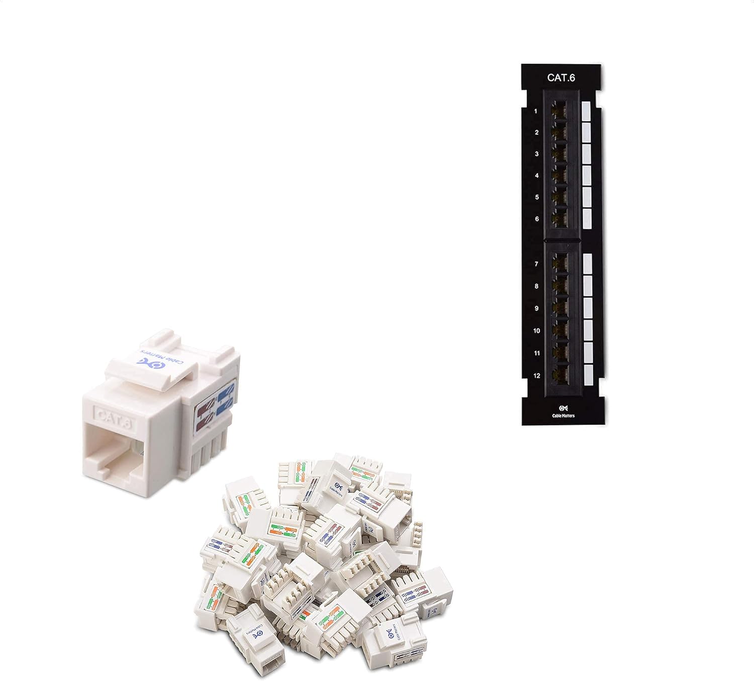 Cable Matters UL Listed 12-Port Cat6, Cat 6 Vertical Mini Patch Panel with 89D Bracket & 25-Pack Cat6 RJ45 Keystone Jack in White