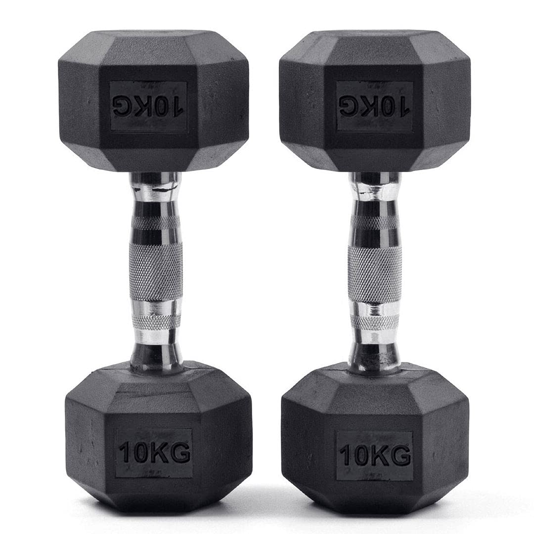 Lions Hex Dumbbells Set, Rubber Encased Cast Iron Black Dumbbell Weight Pair with Metal Handle, Full Body Workout Strength Training Home Gym, 7.5kg, 10kg, 12.5kg, 15kg, Free Weights