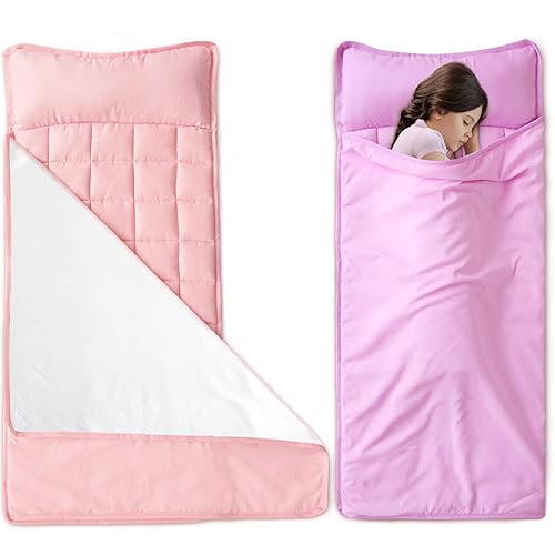 Miniatura 6 de Tapete para siesta con almohada y manta para niños pequeños, paquete de 2 tapetes para siesta para guardería preescolar, saco de dormir acolchado
