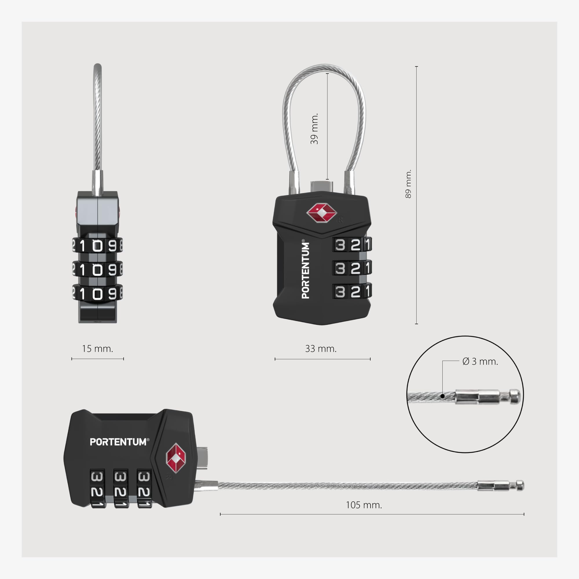 PORTENTUM Candado TSA homologado con combinación de 3 dígitos – Pack de 20 – Candado maleta viaje con cable flexible y llavero identificador – Candado equipaje para mochilas maletas bolsas y taquillas