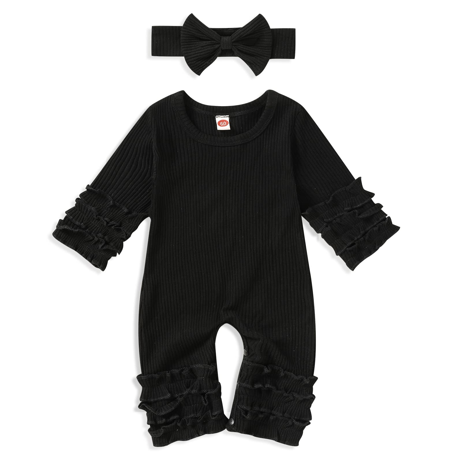 GRNSHTSNewborn Baby Girls Ruffle Romper Solid Long Sleeve Jumpsuit One-Piece Coming Home Clothes With Headband