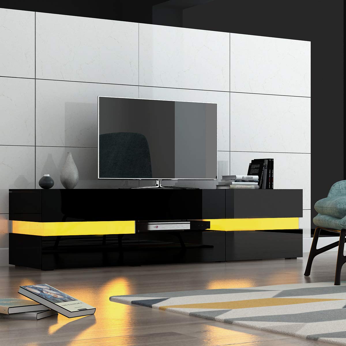 ding 177CM Large Storage Modern Stand TV Unit Cabinet with Matt Body and High Gloss Doors RGB LED Lights Sideboard (Black)