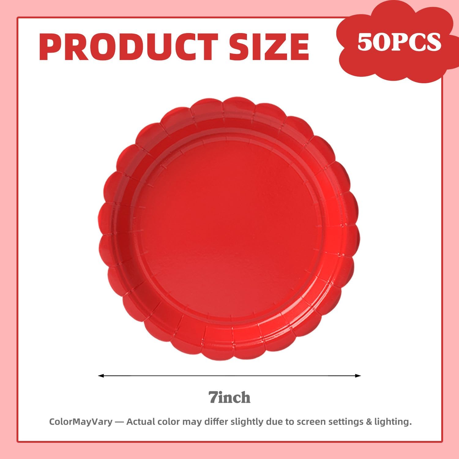 Vyntra Red 7 Inch Scalloped Paper Plates, 50 Count Disposable Dessert Plates for Valentine’s Day, Party - Image 2