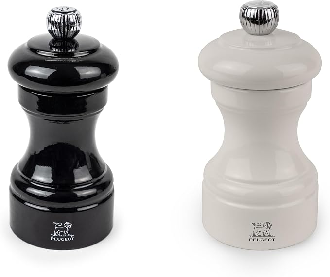 Peugeot Bistro Pepper and Salt Mill Set, 4in - Beechwood Mills with Adjustable Grinding - For Peppercorns and Rock Salt, Corrosion-Resistant - Essential Kitchen Tools (Black/Grey)