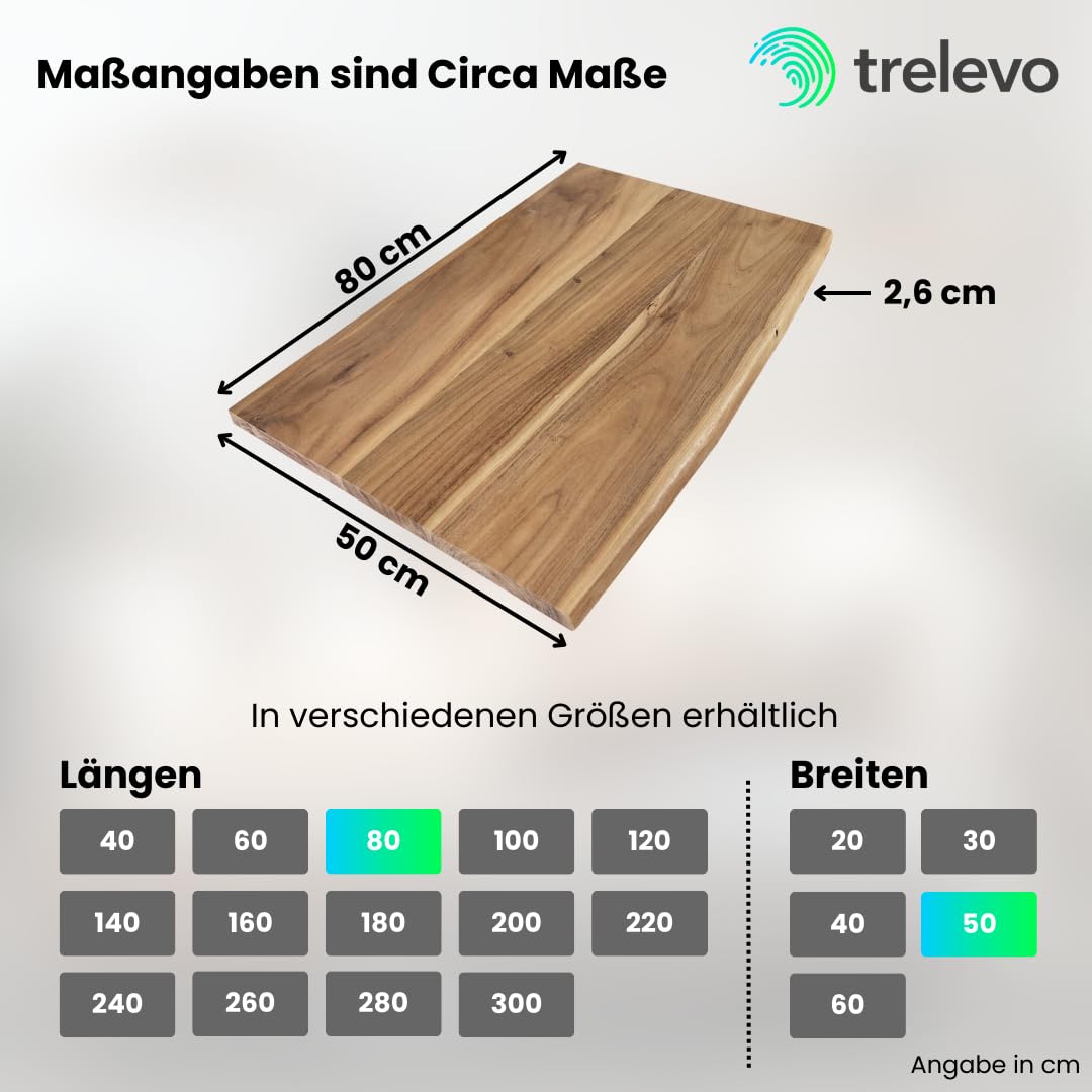 Holzplatte 80x50 cm, Akazienholz massiv 26mm, naturfarben, Zuschnitt nach Maß, Baumkantenplatte für Bastler und Heimwerker