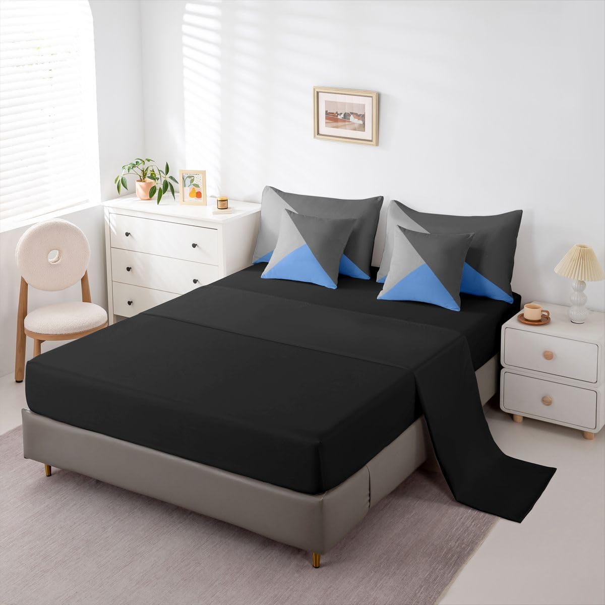 Erosebridal Geometric Triangle 7 Piece Bedding Set Blue Dark Grey and Light Gray Twin Comforter Set for Kids Boys Adults Men,Modern Bed in A Bag Soft Microfiber Bed Set Bedroom Decor