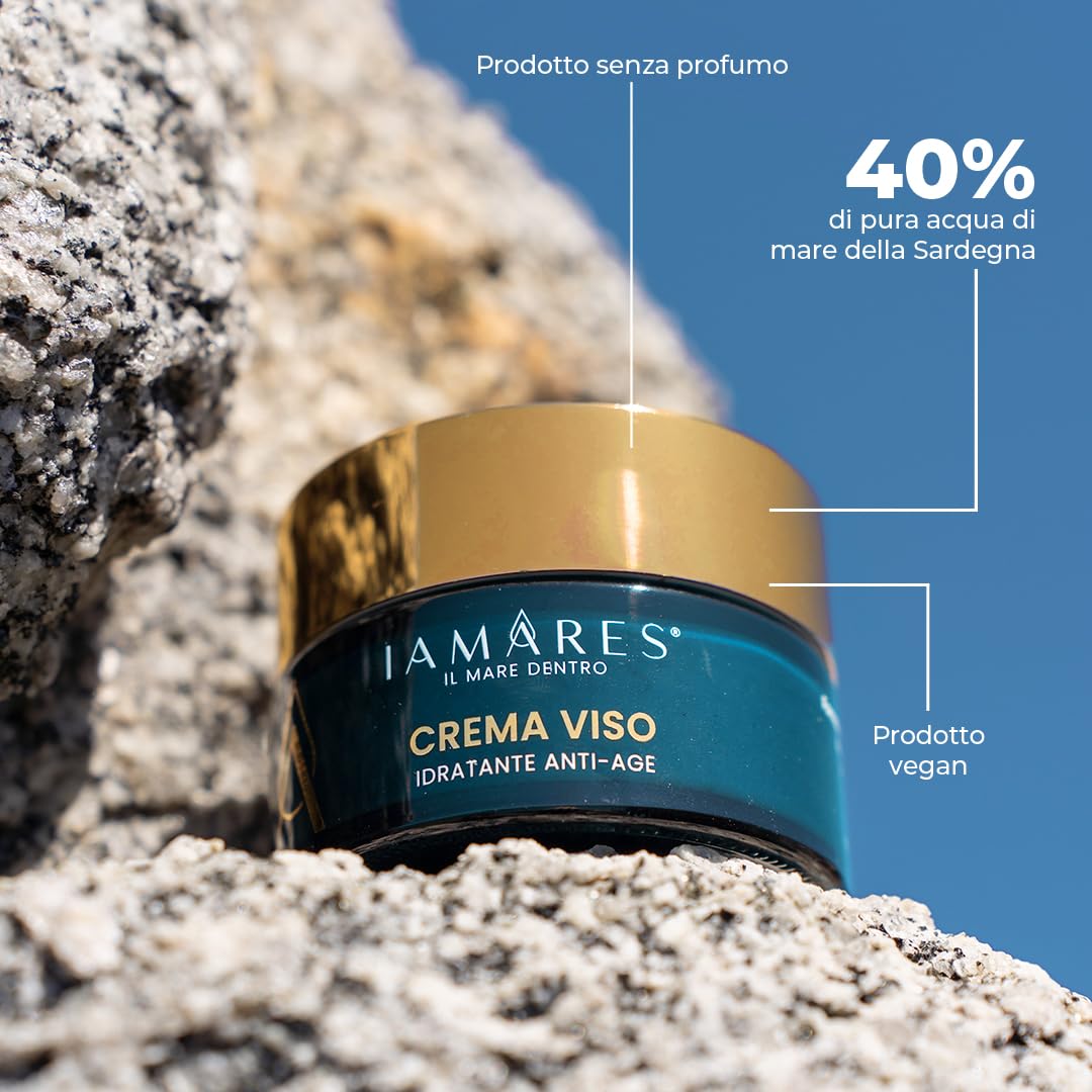 IAMARES Crema Viso Idratante Anti-Age Antiossidante con 40% Pura Acqua di Mare della Sardegna. Ideale Pelli Sensibili, Senza Profumo, Antirughe e Stimolante del Rinnovo Cellulare - 50ml
