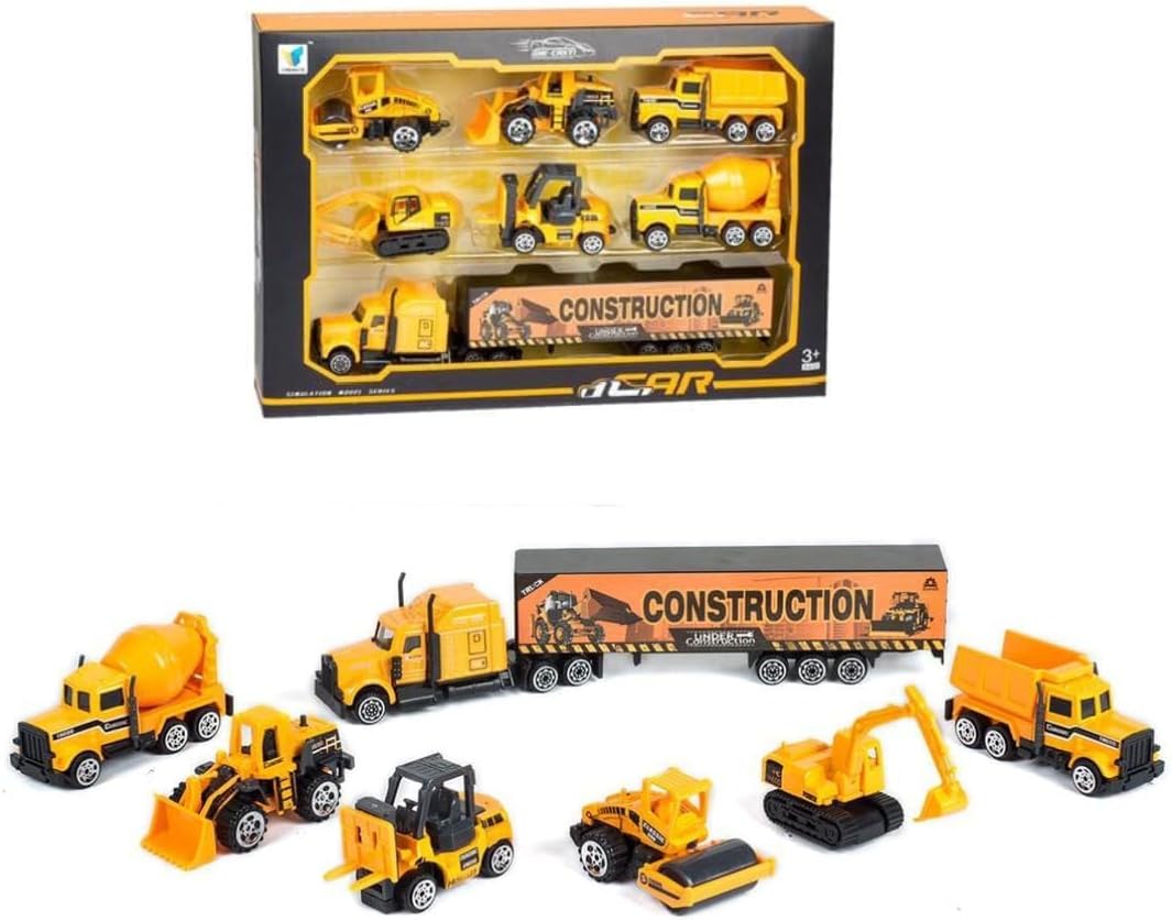 BELOXY 7 in 1 Die Cast Metal Cast Construction Vehicle Play Toy Team Truck Including Cargo Truck Container, Cement Truck,JBC Truck, Truck,Road Roller Toy (Yellow)
