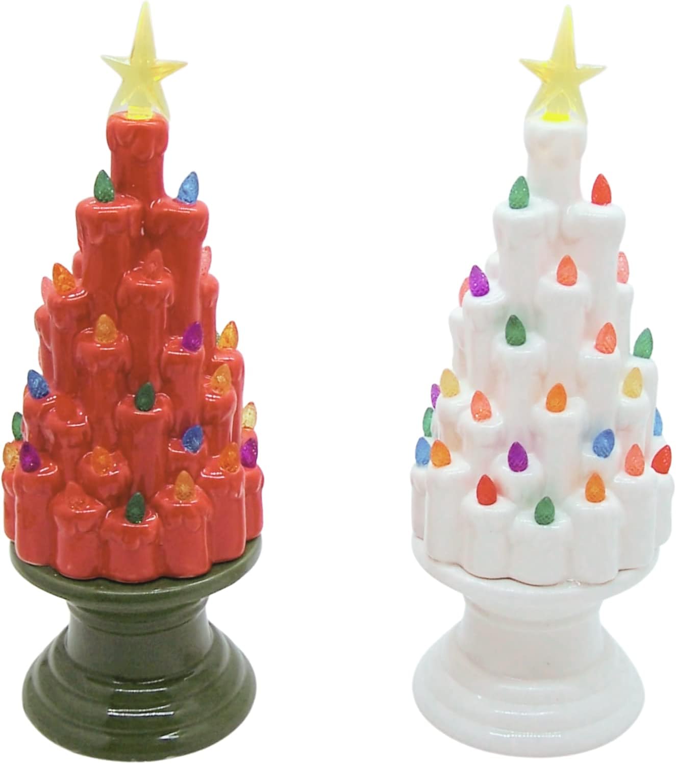 Wowser Vintage Inspired Holiday Decor Prelit Tabletop Ceramic Christmas Trees, Set of 2 Assorted Colors, 13 Inches