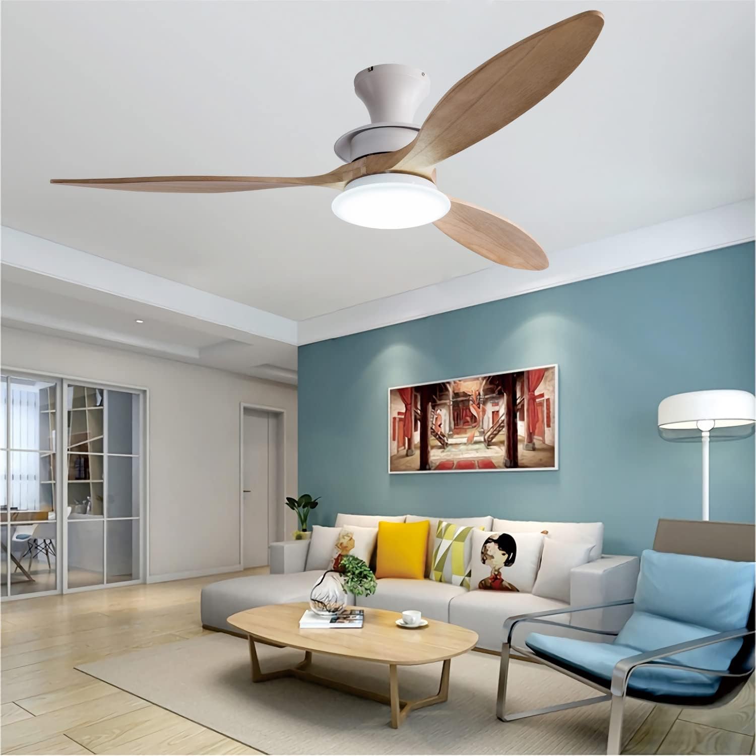 YUEGOO Ceiling Fans with Lamps,Ceiling Fan with Light and Remote Control 3 Colour Light 6 Wind Speed Adjustable for Bedroom Living Room Reversible Winter and Summer Function/White/a