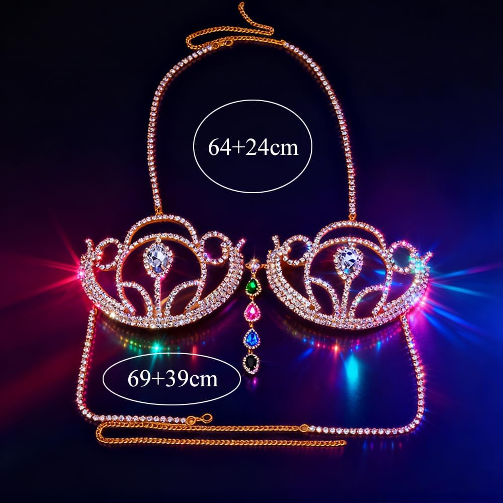 Gold Rhinestone Spiked Bra Top Body Chain Jewelry for Women Colourful Teardrop Chest Bracket Bra Chain Carnival Costume