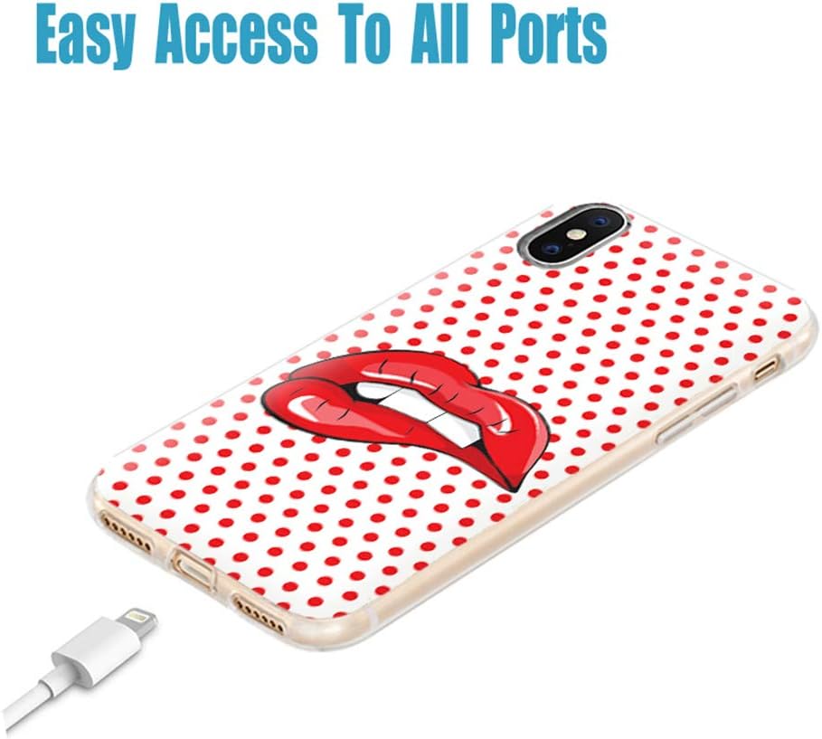 iPhone Xs Case Cute,iPhone X Case Cool,iPhone 10 Case,ChiChiC Slim Flexible Soft Rubber Silicone TPU Clear Case Cover with Design for Apple iPhone Xs X 10,pop Art red hot Lips Biting Teeth Polka dot