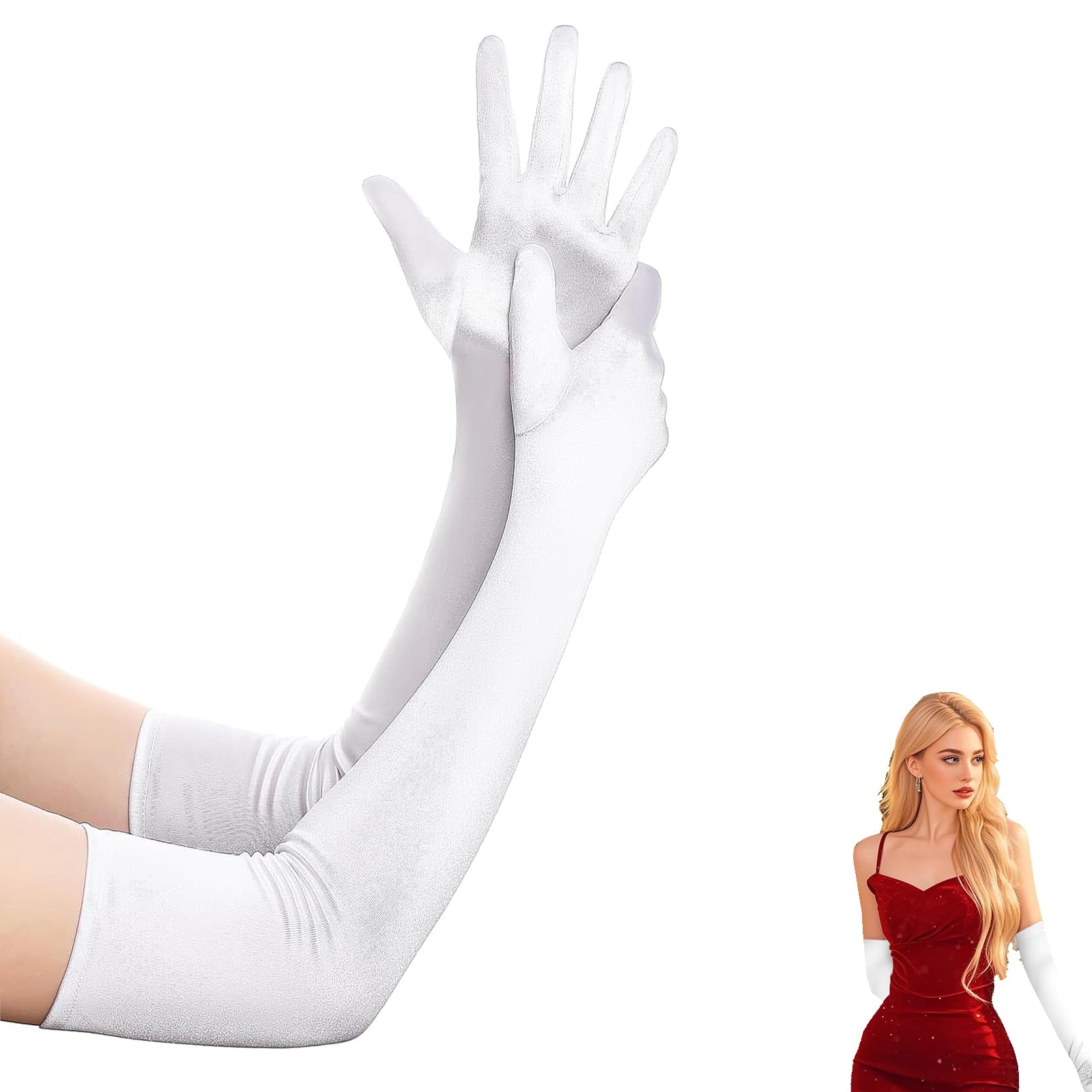 JFGDVW Long Elbow White Satin Gloves, 1920s Style & Prom Gloves For Women, For Costume Evening Opera Bridal Party Wedding Prom