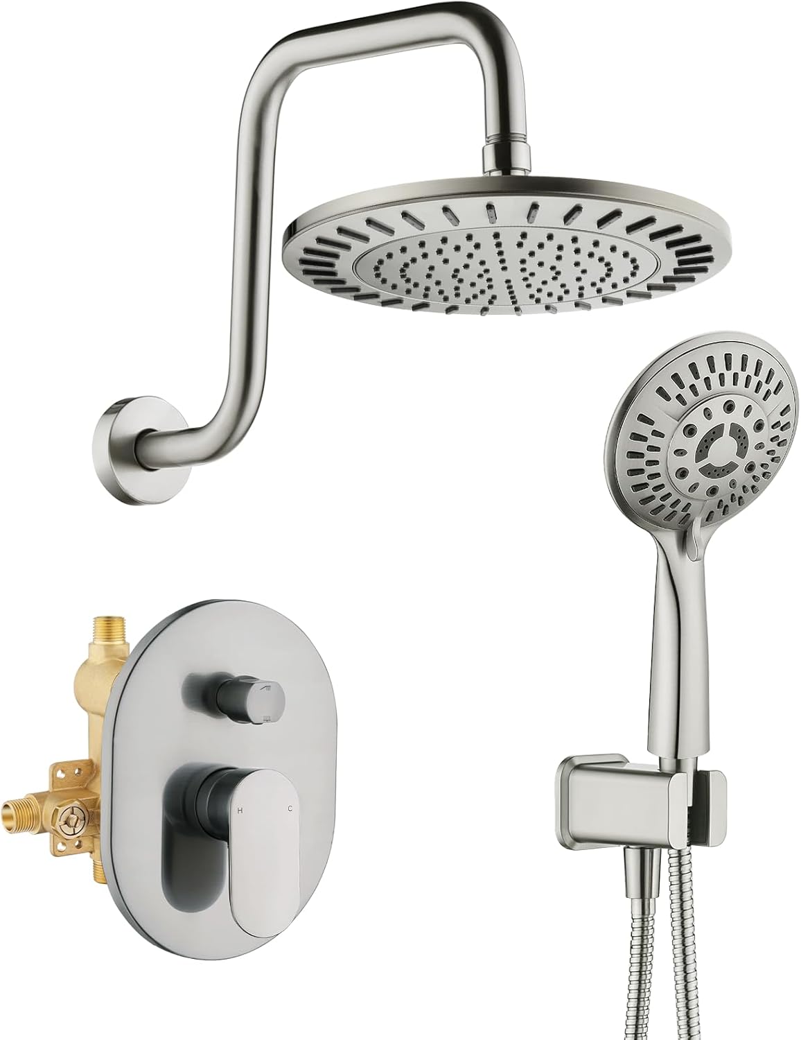 BRIGHT SHOWERS Shower Faucet Set, Shower System with Shower Valve Trim Kit, Double Handle Shower Fixture Rainfall Shower Head and 9-Setting Handheld Spray Combo, Valve Included, Brushed Nickel