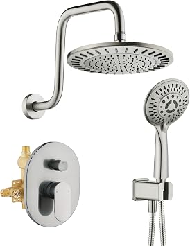 BRIGHT SHOWERS Shower Faucet Set, Shower System with Shower Valve Trim Kit, Double Handle Shower Fixture Rainfall Shower Head and 9-Setting Handheld Spray Combo, Valve Included, Brushed Nickel