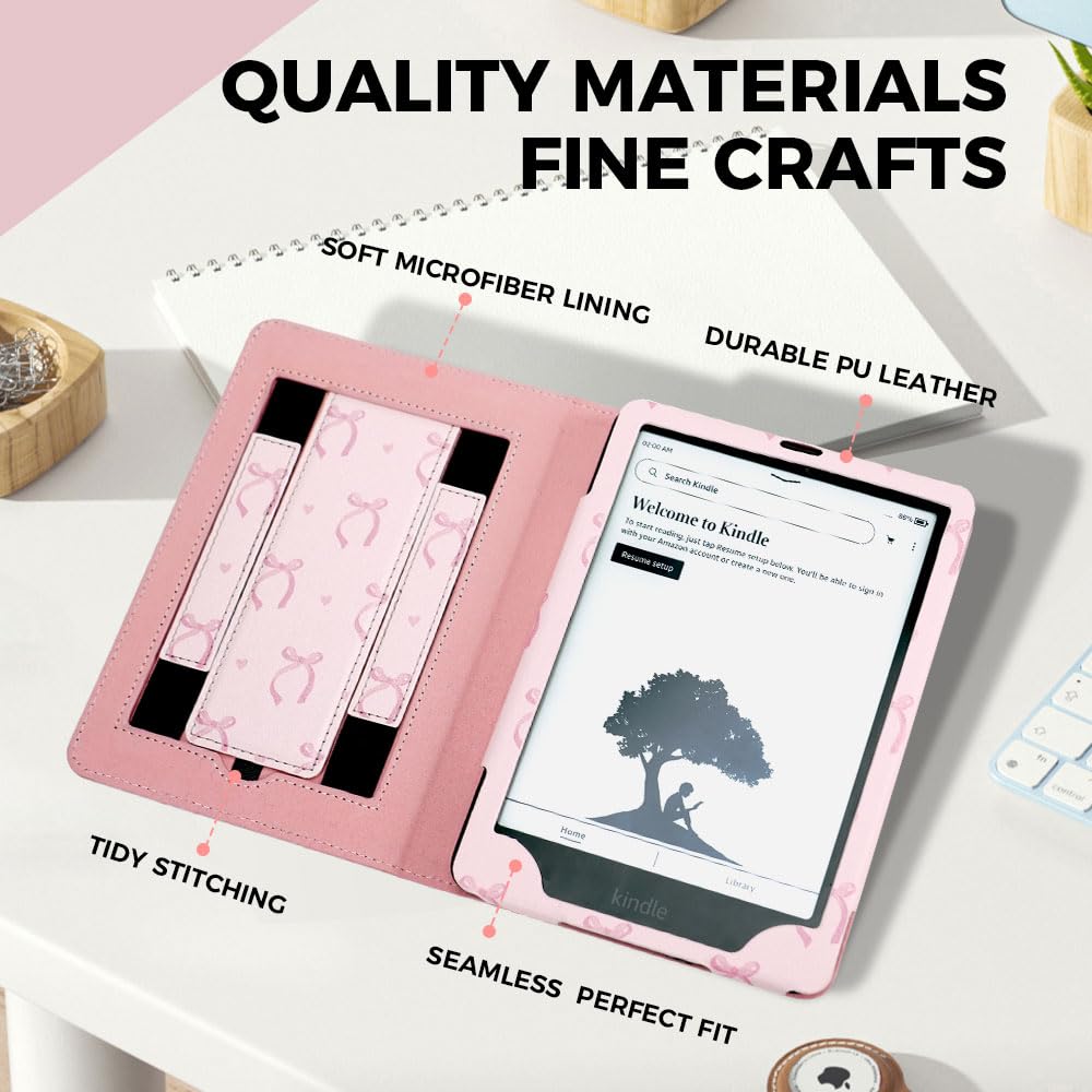 Schutzhülle für Kindle Paperwhite 2024 12. / 11. Generation, 17,8 cm / 17,3 cm, mit Handschlaufe, Standfunktion, Rosa mit Schleife