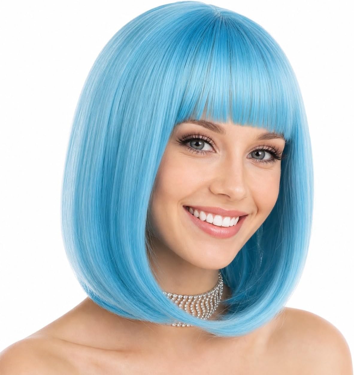 Short Bob Hair Wigs 12" Straight with Flat Bangs Synthetic Colorful Cosplay Daily Party Wig for Women Natural As Real Hair+ Free Wig Cap (Blue)