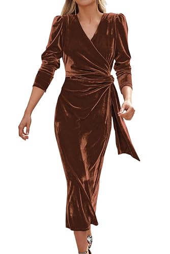 Women's Winter Velvet Wrap V Neck Midi Dress