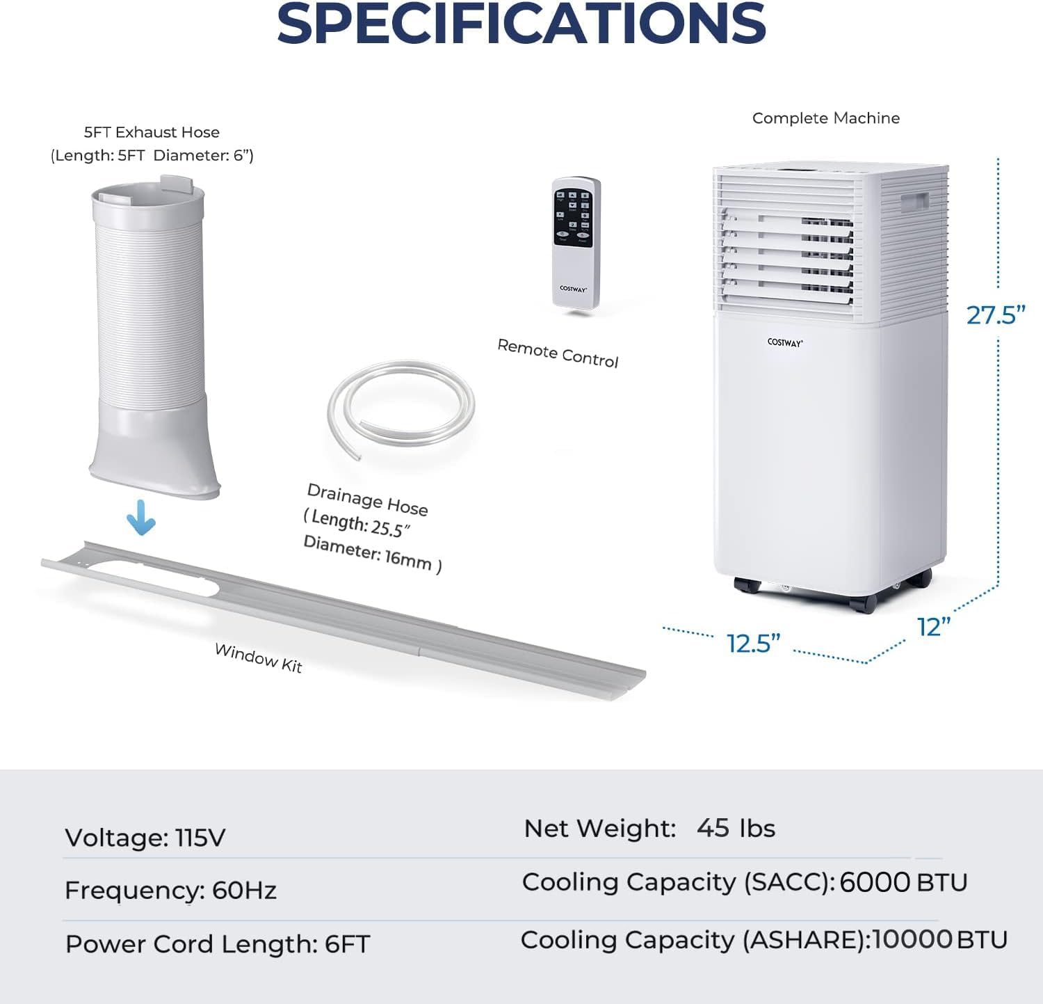 Diagram showing all included parts: portable AC unit, remote control, exhaust hose, drainage hose, and window kit