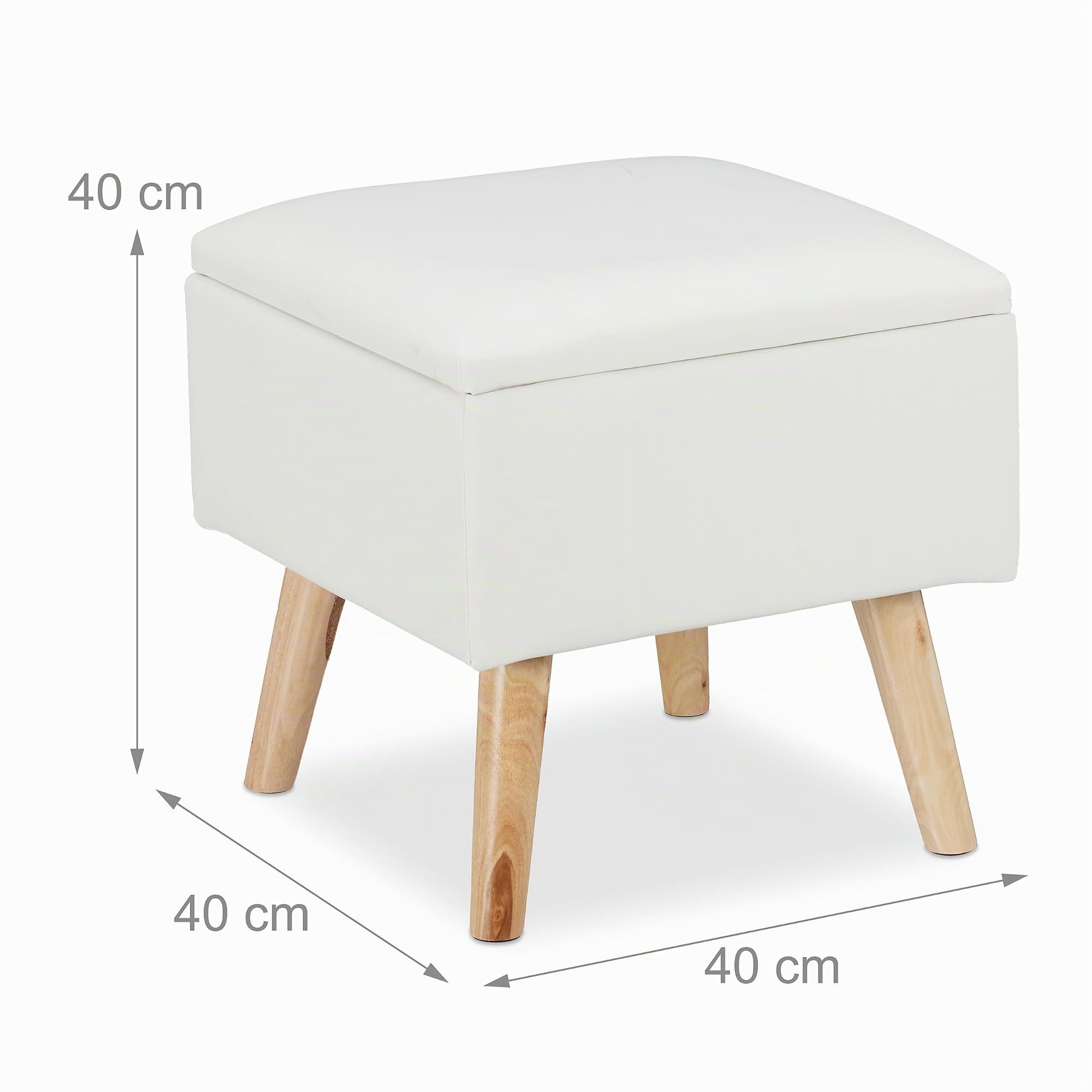 Relaxdays Pouf Contenitore in finta pelle, 40 x 40 x 40 cm, Sgabello Cubo Imbottito, bianco, legno, finta pelle, gommapiuma, 1 pz