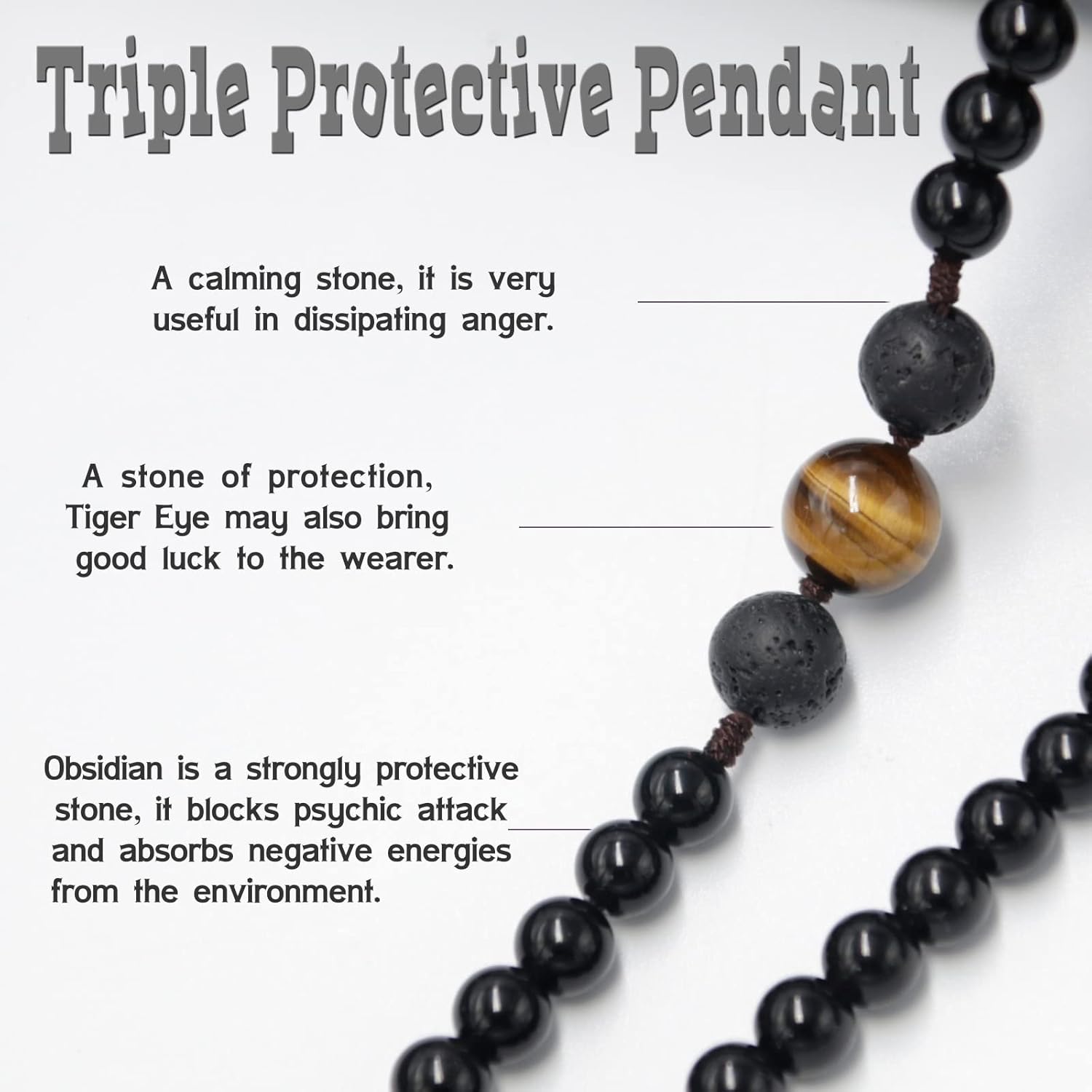 Triple Protection Black Obsidian Necklace - Pixiu Amulet Tiger Eye Lava Rock Beaded Necklace, Spiritual Energy Stone Pendant Necklace for Men Women - Image 8
