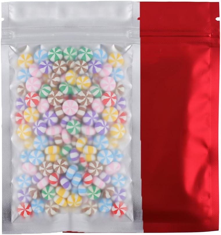 100 Assorted Translucent/Silver/Colored Flat Metallic Foil Zip Top Bags Pouch 8.5x13cm (3.3x5.1") (Red)