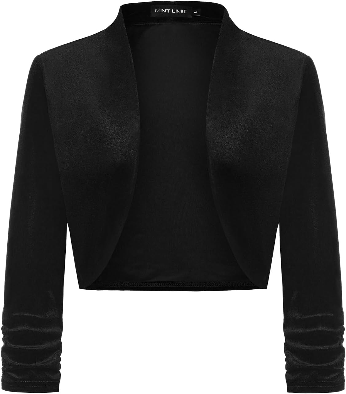 MINTLIMIT Women's Velvet Bolero Shrugs for Dresses Ruched 3/4 Sleeve Open Front Cocktail Party Cropped Cardigan