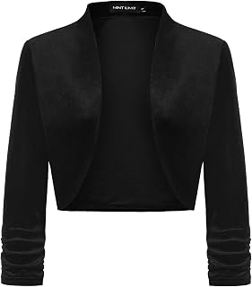 Women's Velvet Bolero Shrugs for Dresses Ruched 3/4 Sleeve Open Front Cocktail Party Cropped Cardigan