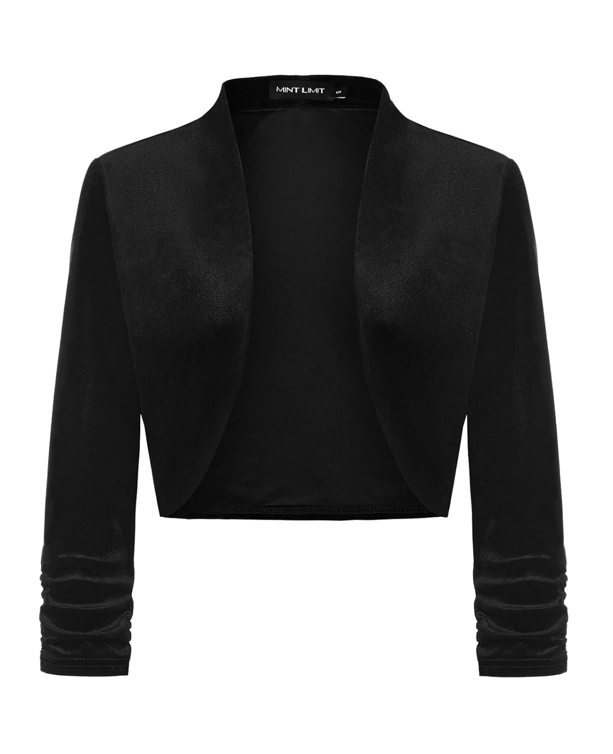 MINTLIMIT Womens Velvet Bolero Shrugs for Dresses Ruched 3 4 Sleeve Open Front Cocktail Party Cropped Cardigan