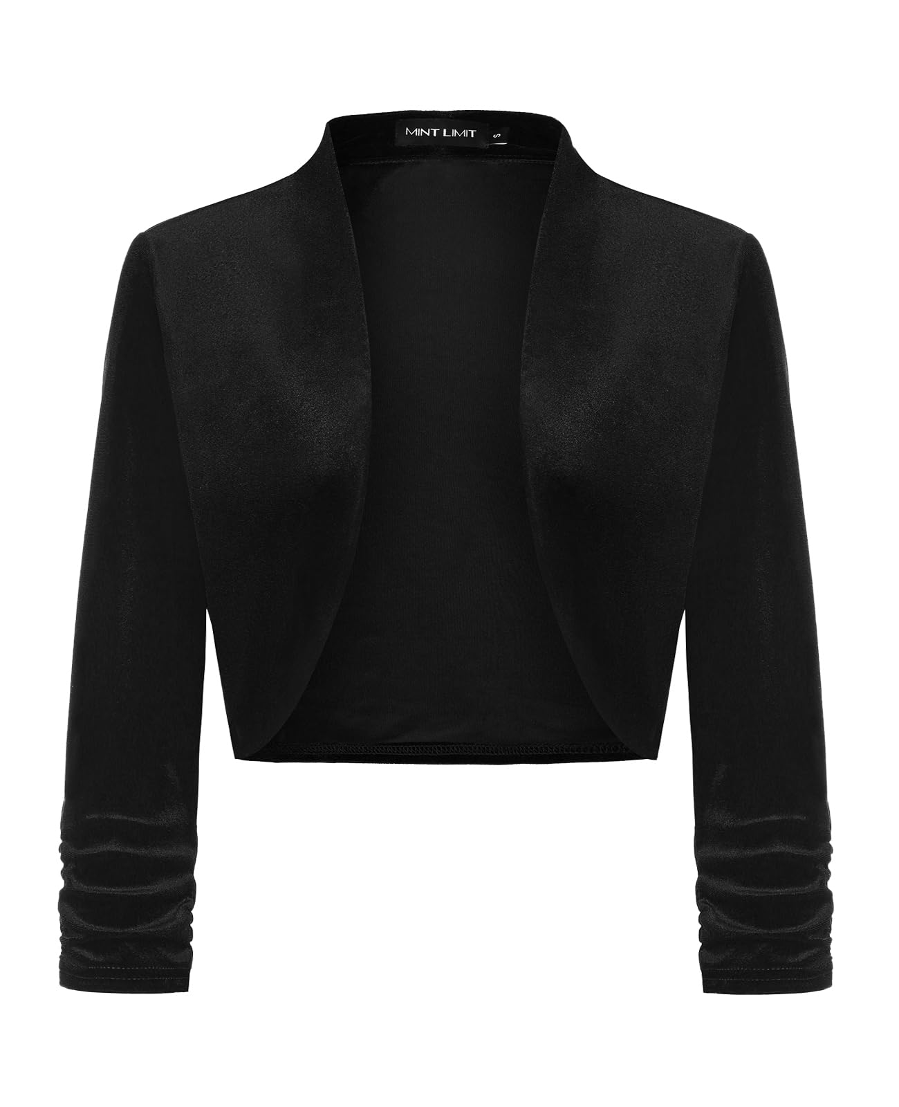 MINTLIMIT Women's Velvet Bolero Shrugs for Dresses Ruched 3/4 Sleeve Open Front Cocktail Party Cropped Cardigan